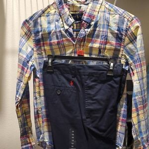 Ralph Lauren Multicolor Plaid Boys Shirt With Ralph Lauren Long Pants.
